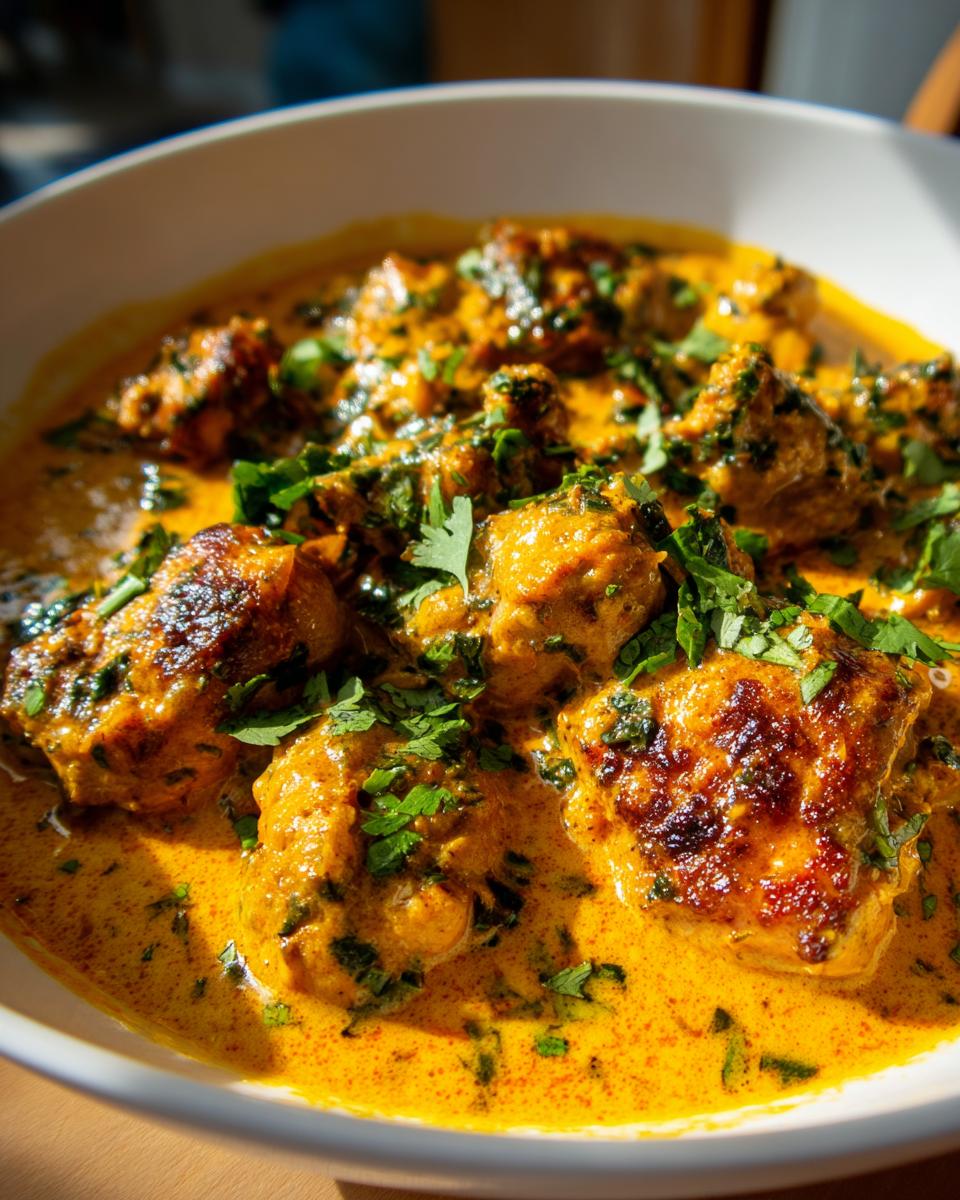 Close-up van Spicy Braziliaanse Kipdij met Kokos, geserveerd in een witte kom met verse kruiden.