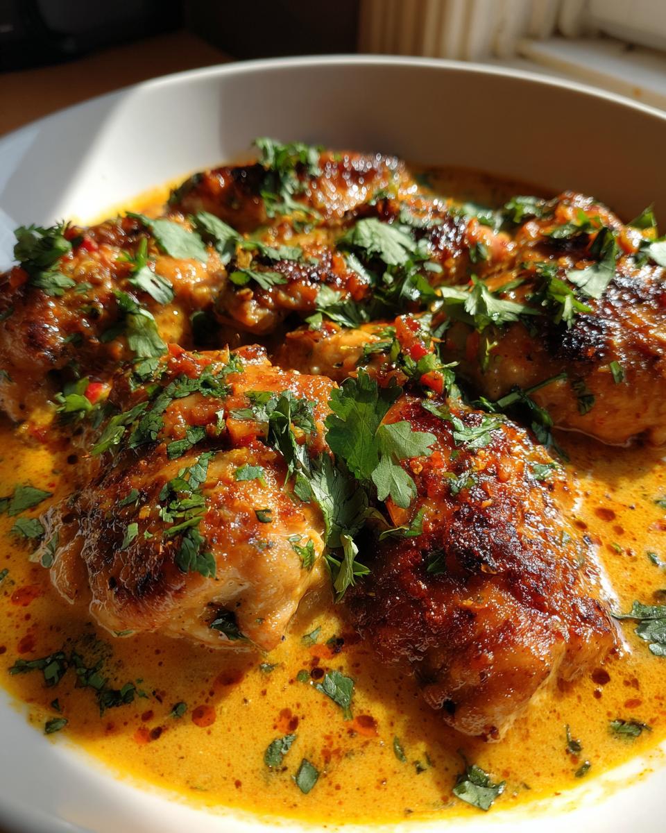 Close-up van heerlijke Spicy Braziliaanse Kipdijfilet in romige kokossaus, gegarneerd met verse koriander.
