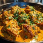 Close-up van Spicy Brazilian Coconut Chicken Thighs in een pan, bedekt met een romige saus en koriander.