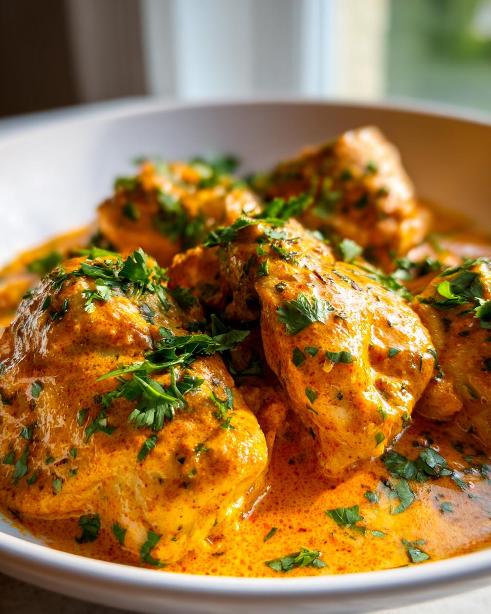 Close-up van Spicy Brazilian Coconut Chicken Thighs in een romige, oranje saus, gegarneerd met verse peterselie.