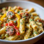 Close-up of a bowl of Spicy Cajun Sausage Pasta, featuring rigatoni, sliced sausage, bell peppers, and creamy sauce.
