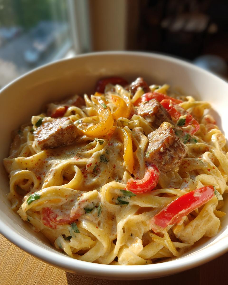 A close-up of a bowl of Spicy Cajun Sausage Pasta, featuring fettuccine noodles, creamy sauce, sausage, and bell peppers.