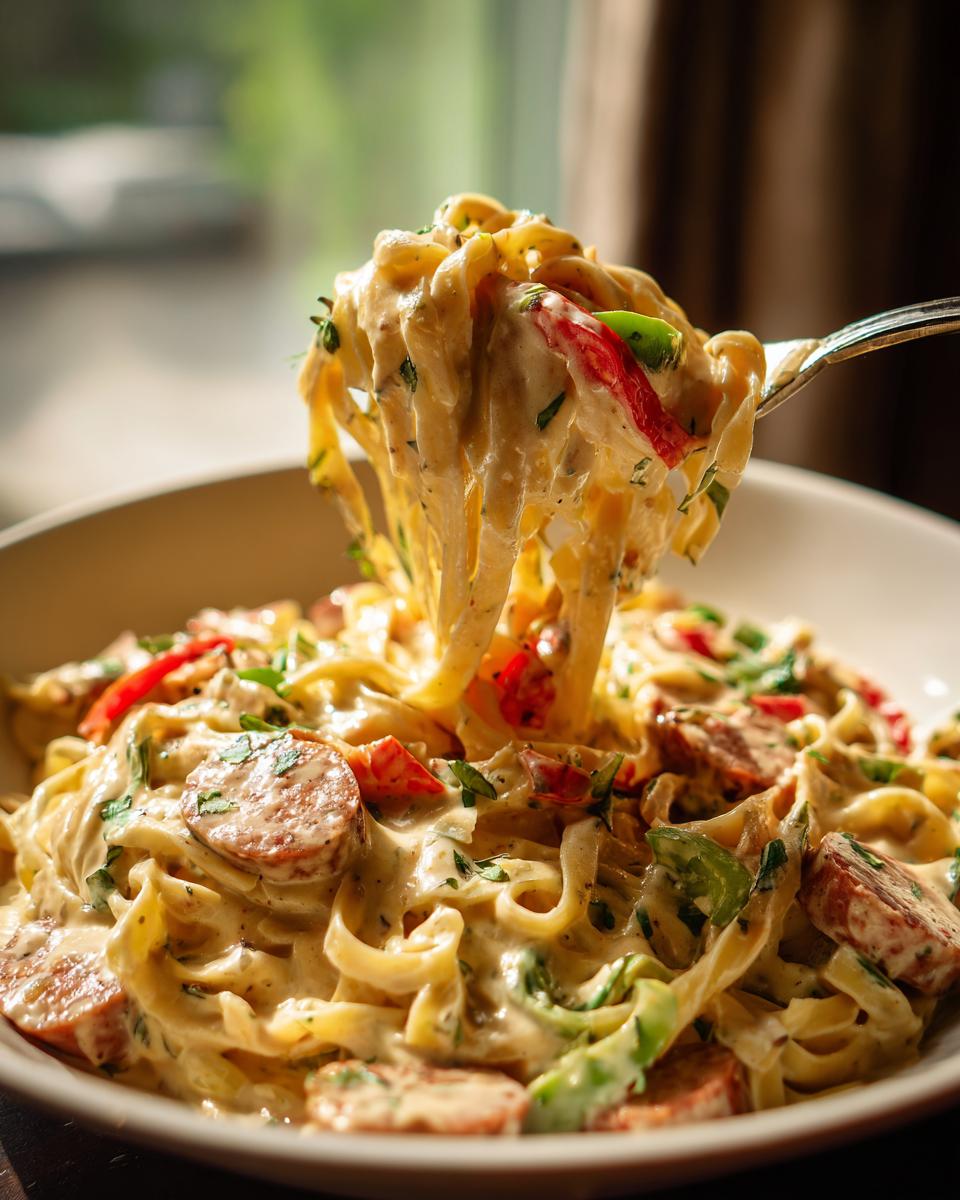 A fork lifts a creamy portion of Spicy Cajun Sausage Pasta, showcasing fettuccine, sliced sausage, and peppers.