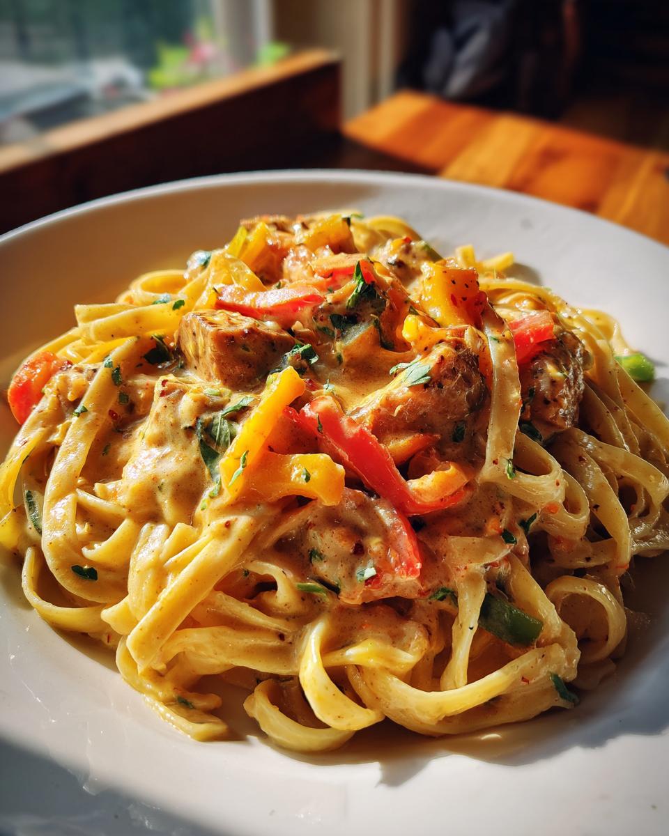 A close-up of Spicy Cajun Sausage Pasta, featuring fettuccine noodles coated in a creamy sauce with sausage, bell peppers, and parsley.