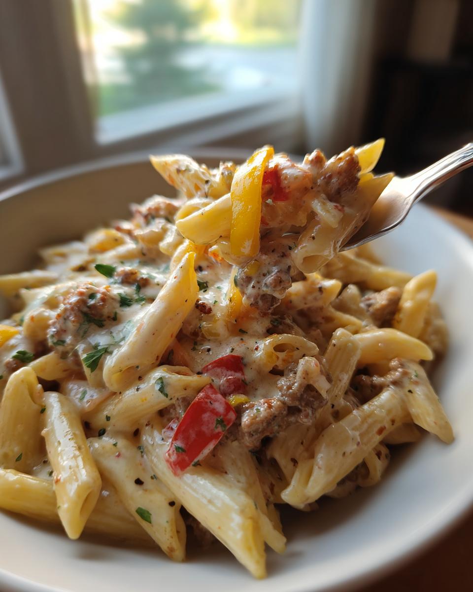 A fork lifting a bite of Spicy Cajun Sausage Pasta, showing penne pasta, sausage, bell peppers, and creamy sauce.