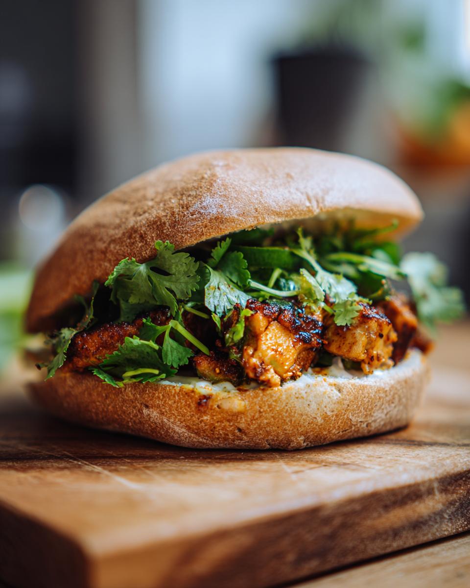 A delicious Spicy Jalapeno Turkey Burger with fresh cilantro and a toasted bun, served on a wooden board.