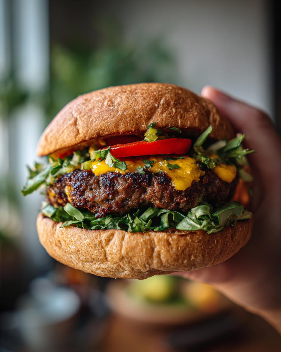 A hand holds a delicious Spicy Jalapeno Turkey Burger, showing the juicy patty, melted cheese, and fresh toppings.