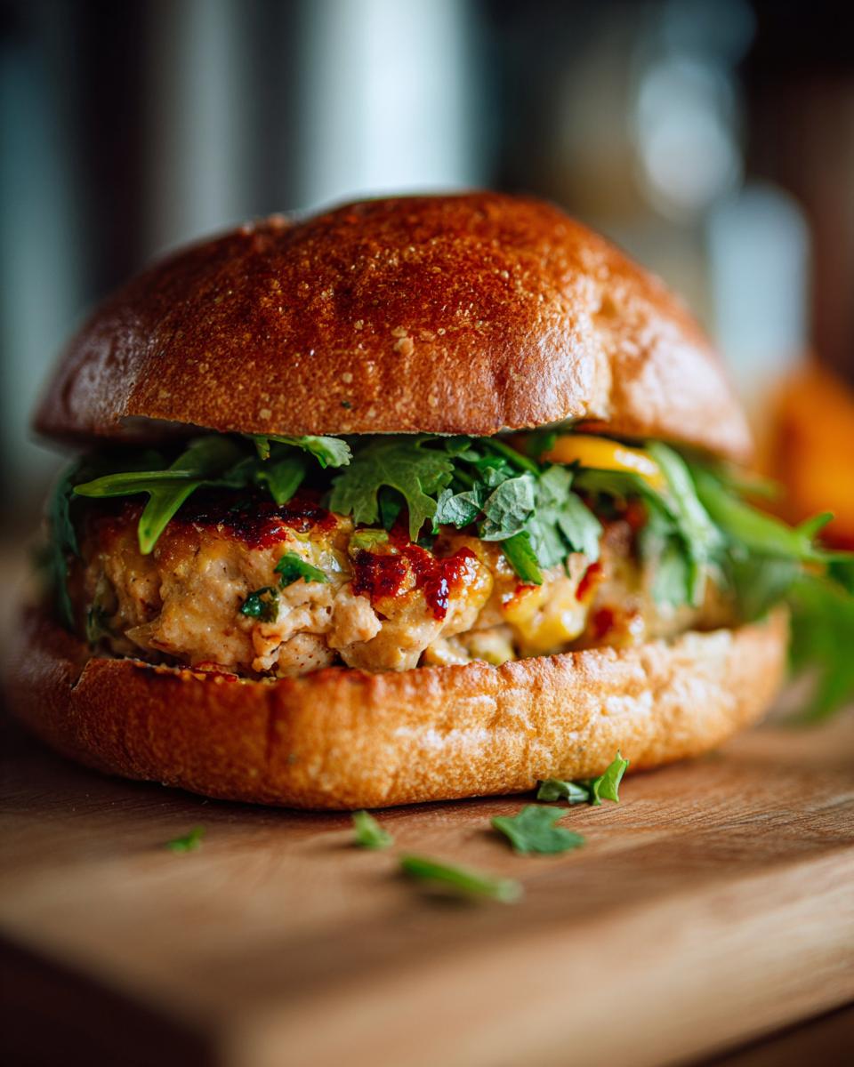 A close-up of a delicious Spicy Jalapeno Turkey Burger on a wooden board, with fresh greens and a toasted bun.