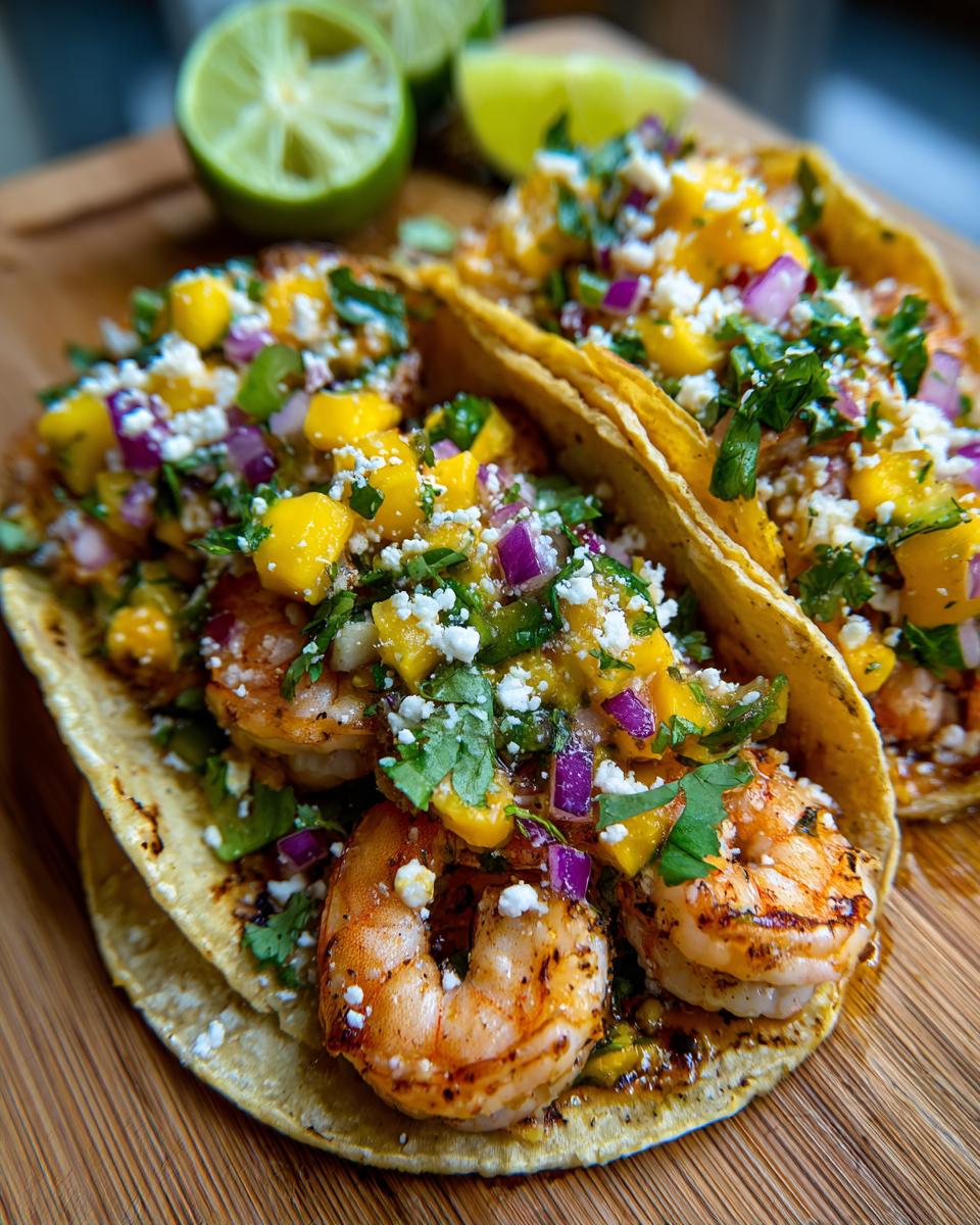 Close-up of delicious spicy shrimp tacos topped with fresh mango salsa, crumbled cheese, and cilantro.