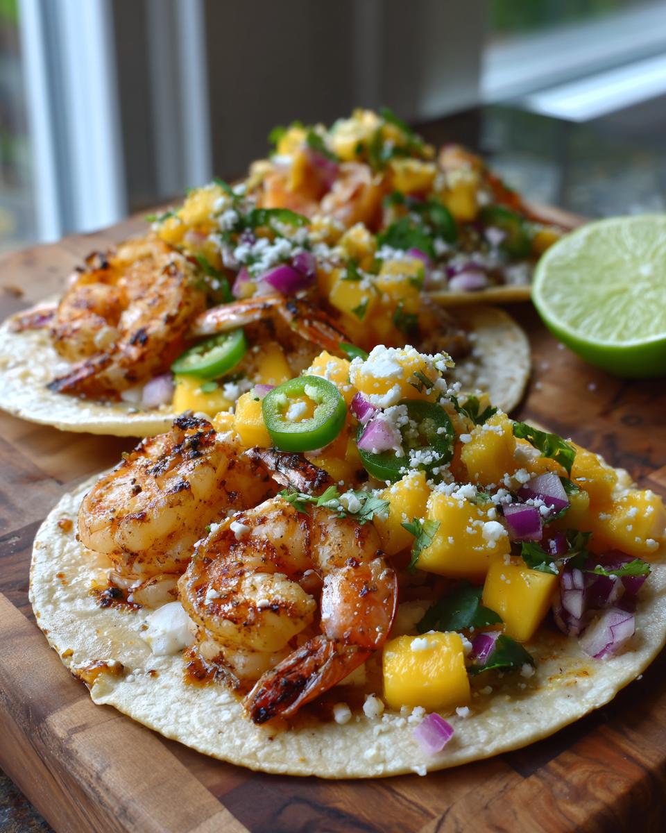 Close-up of delicious spicy shrimp tacos topped with mango salsa, jalapeños, red onion, and crumbled cheese.