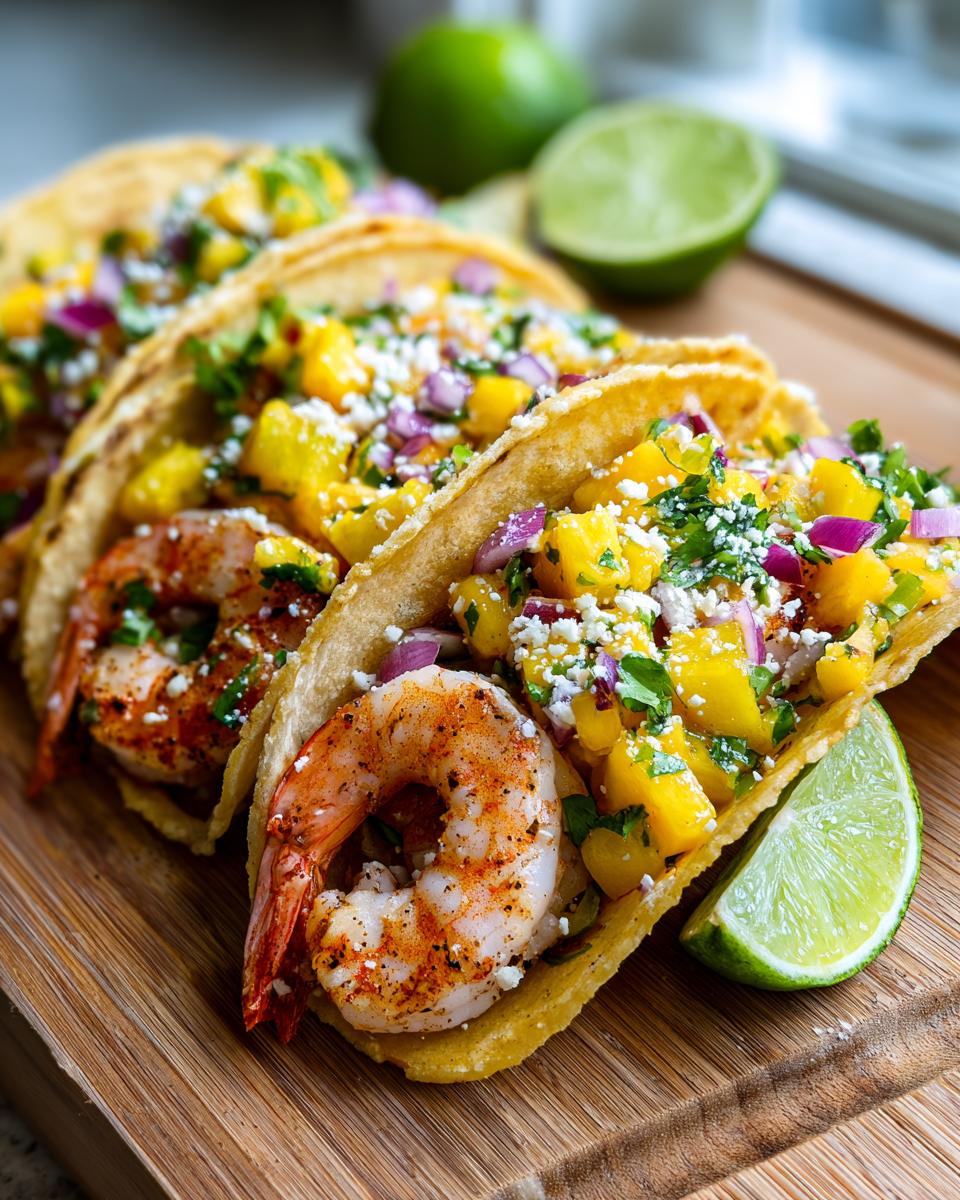 Close-up of delicious spicy shrimp tacos topped with mango salsa, red onion, and cilantro, served with lime wedges.