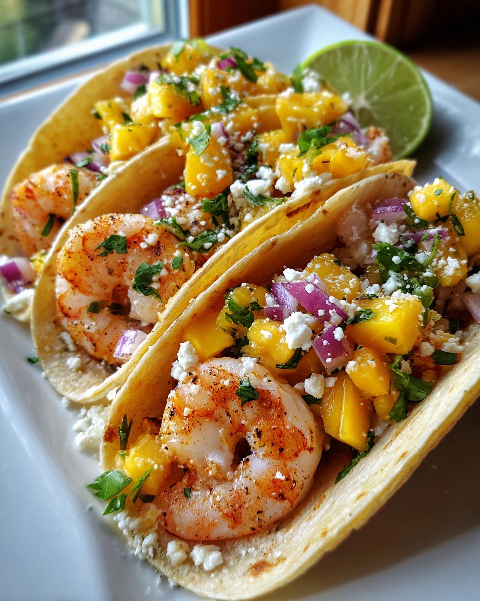 Close-up of three delicious spicy shrimp tacos filled with mango salsa, red onion, cilantro, and cheese, with a lime wedge.