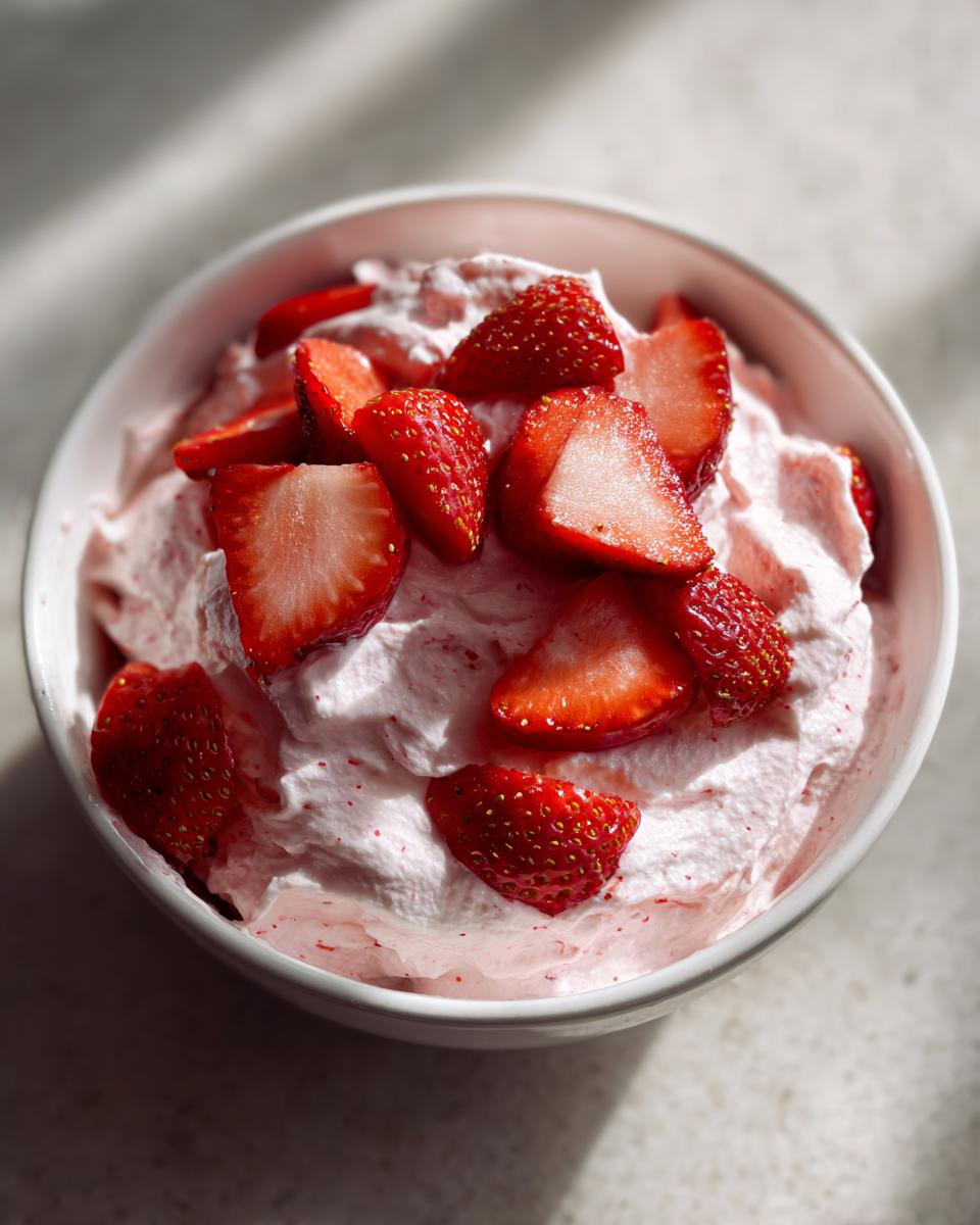 Een kom met romige strawberry cream, gegarneerd met verse aardbeienstukjes. Perfect voor het snelle strawberry cream recept.