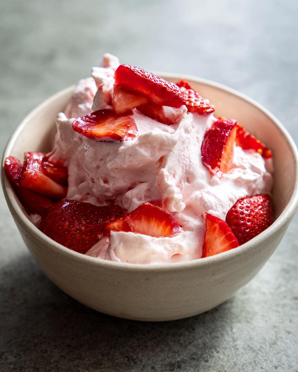 Close-up van een kom gevuld met romige aardbeienroom, gegarneerd met verse aardbeienplakjes.