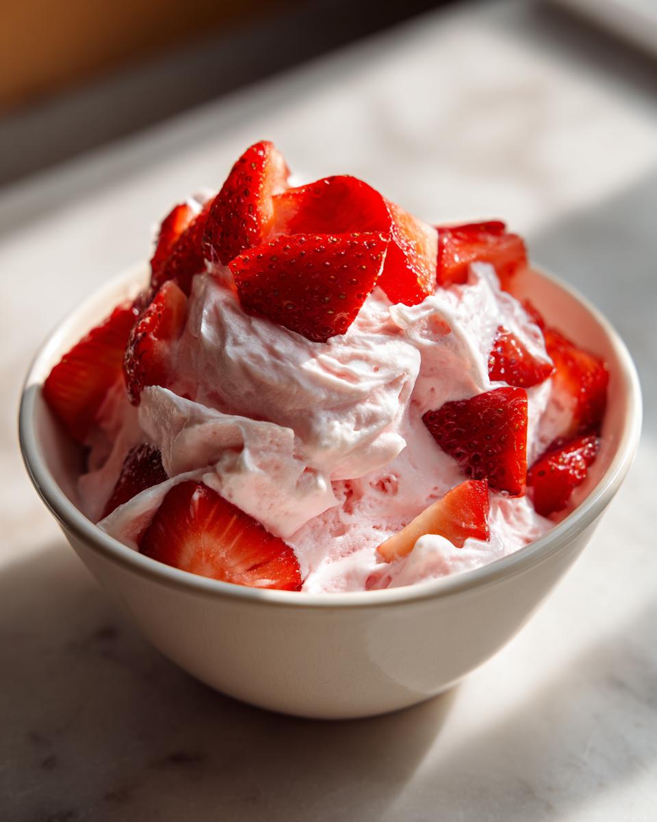 Een kom vol romige aardbeienroom, gegarneerd met verse aardbeienstukjes. Perfect voor het Strawberry Cream Recept.