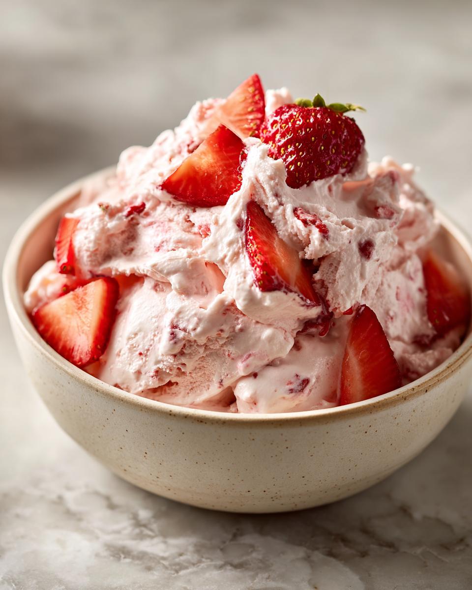 Close-up van een kom met romig Strawberry Cream Recept, gegarneerd met verse aardbeienstukjes en een hele aardbei.