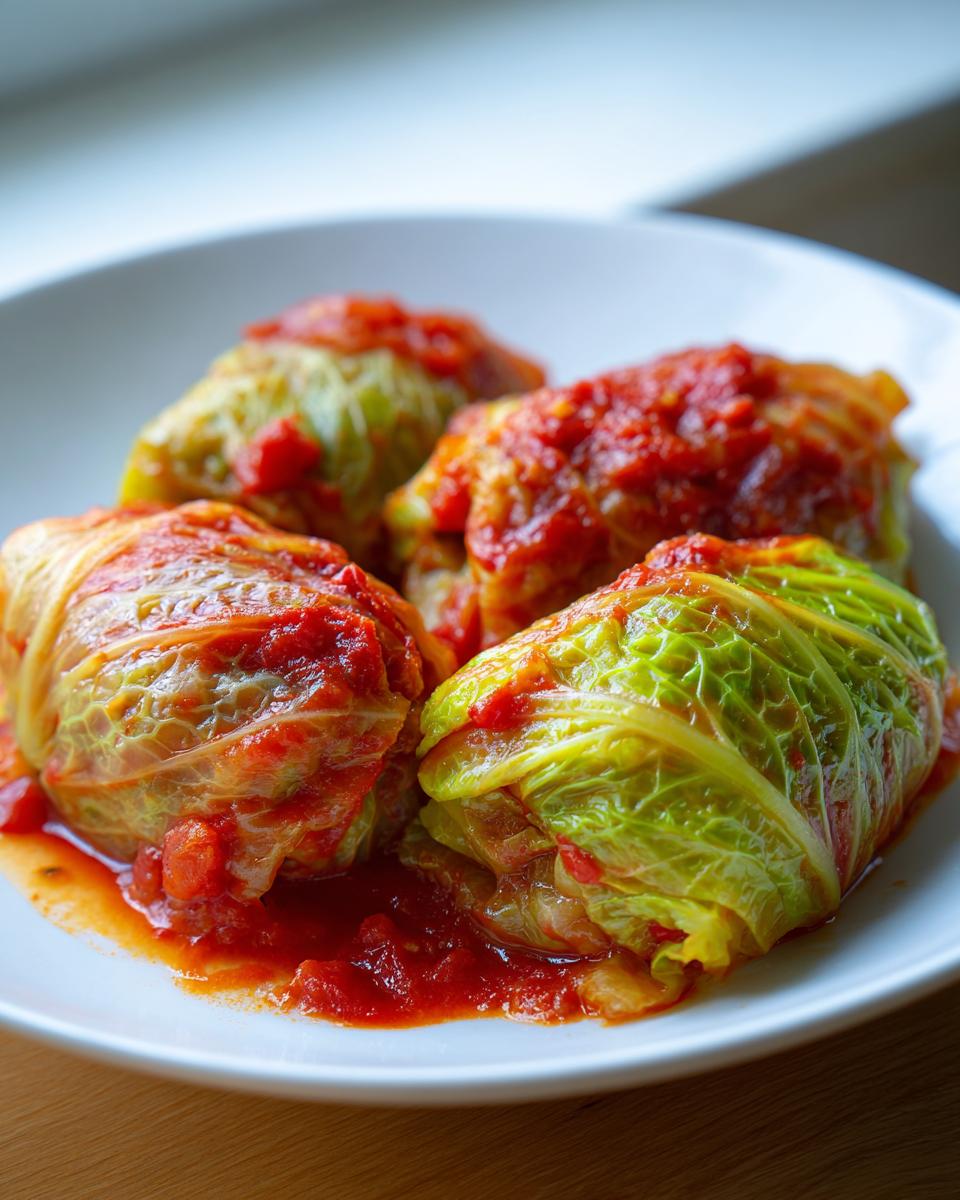 Close-up van vier heerlijke Stuffed Cabbage Rolls in tomatensaus op een wit bord.