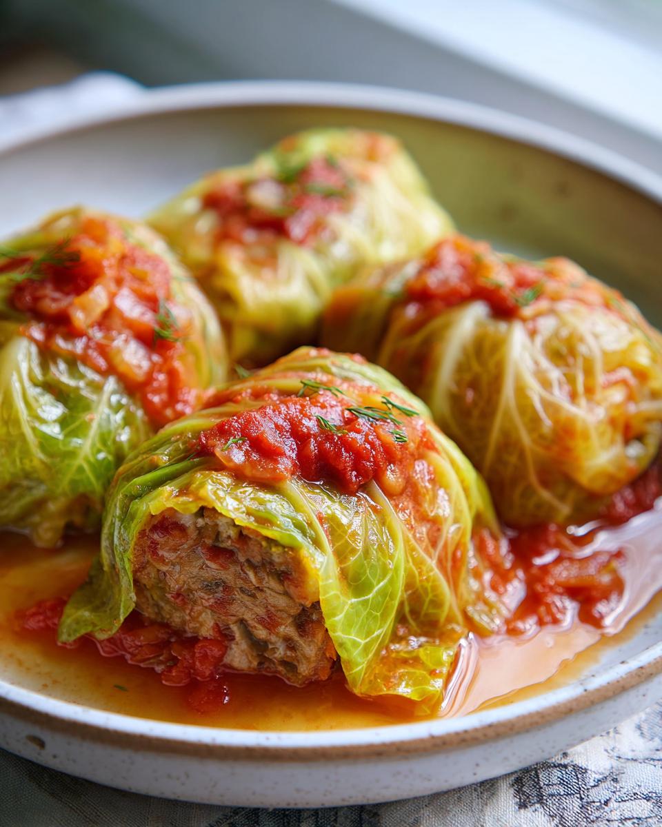 Close-up van heerlijke Stuffed Cabbage Rolls geserveerd in een kom met tomatensaus en dille.