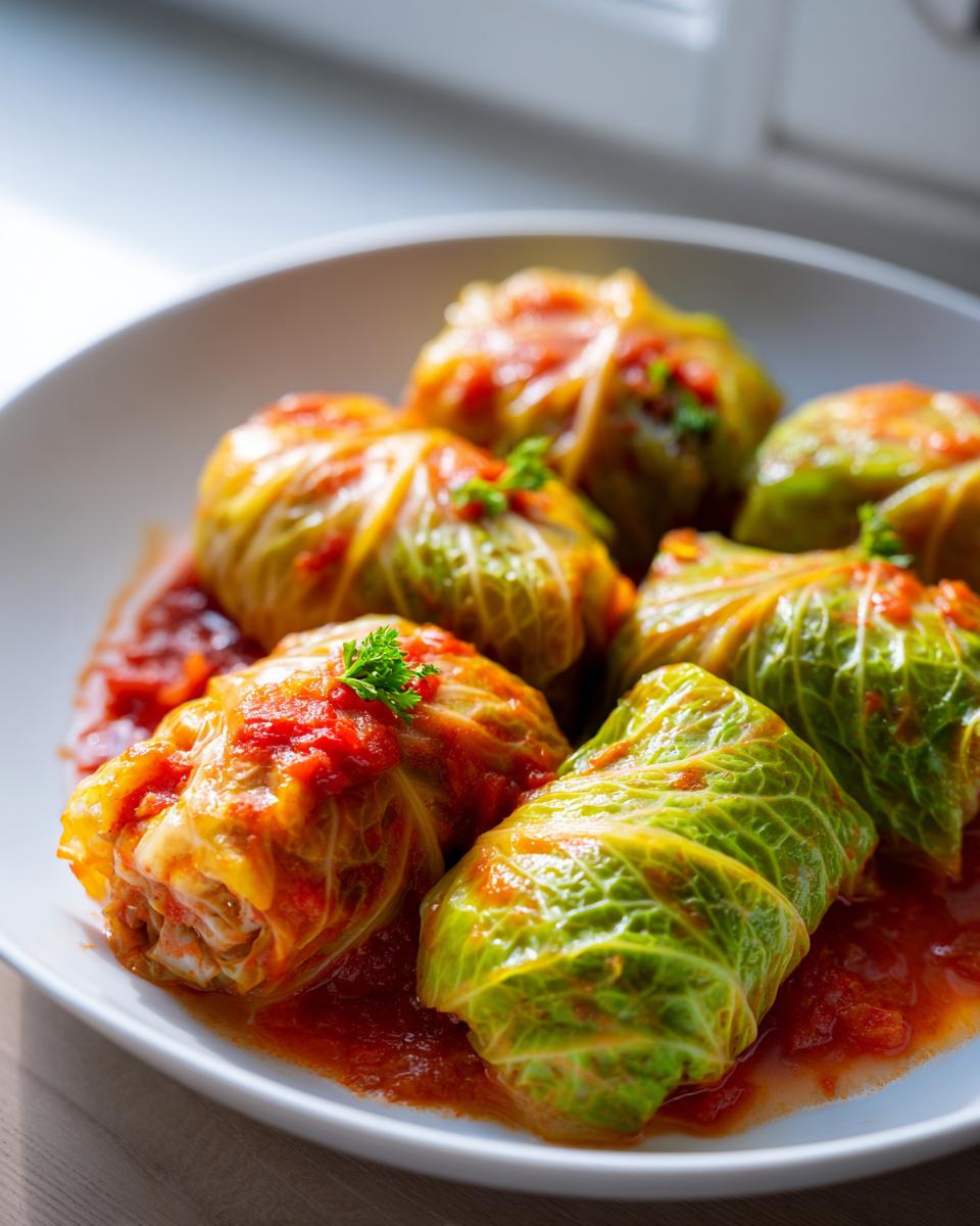 Close-up van heerlijke Stuffed Cabbage Rolls in een rijke tomatensaus, gegarneerd met peterselie.
