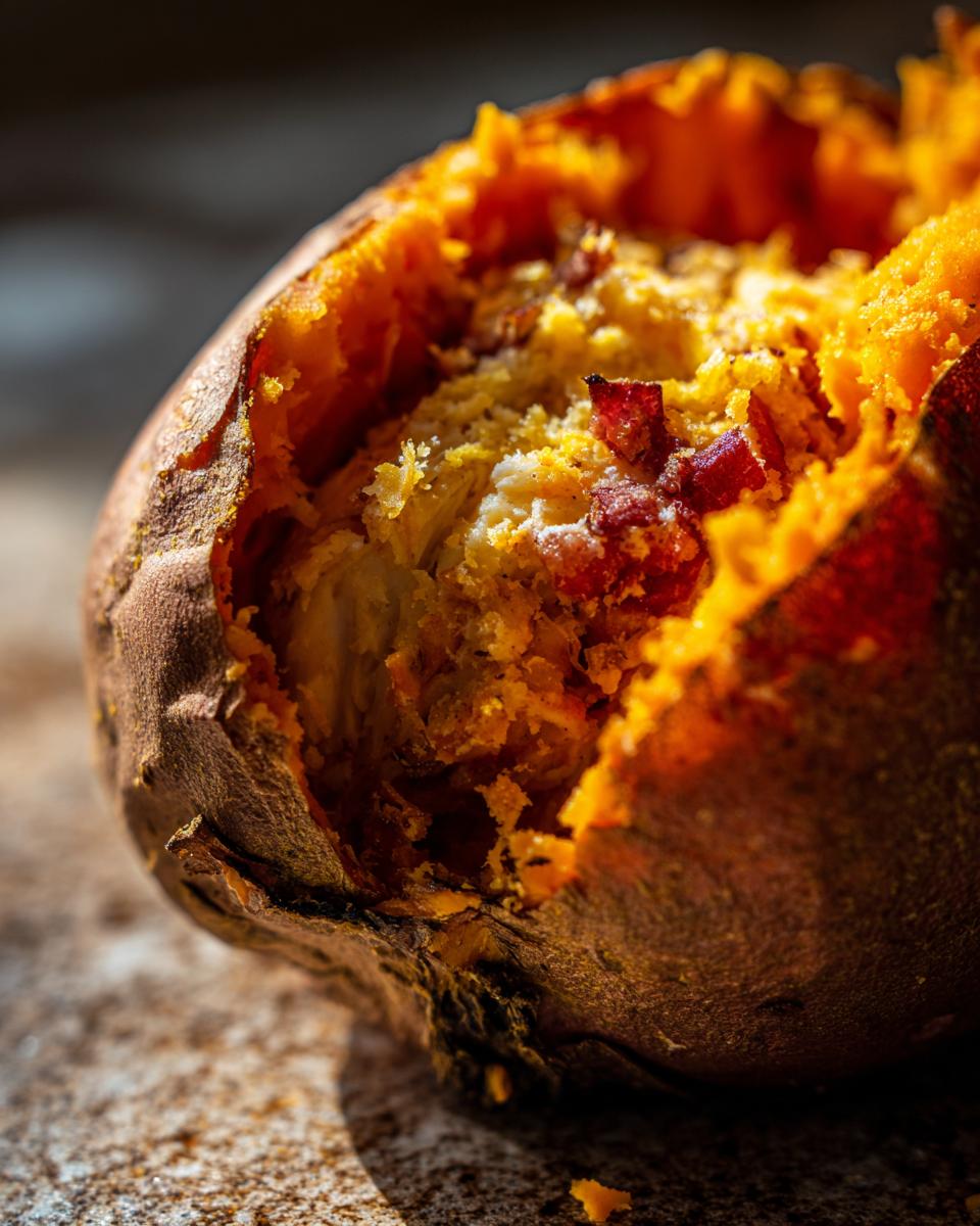 Close-up of a baked sweet potato stuffed with shredded chicken, crumbled bacon, and cheese.