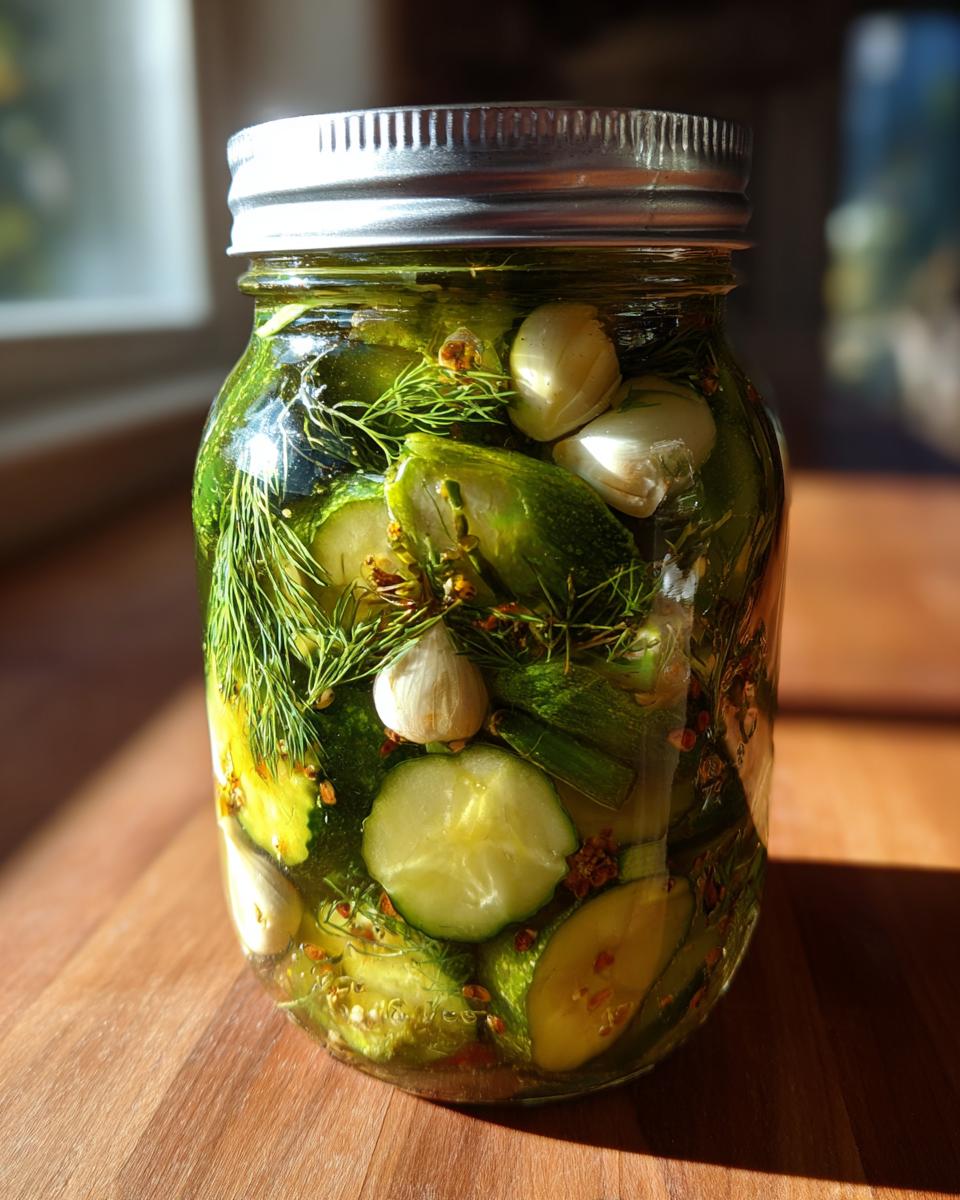 Een pot met zelfgemaakte super knapperige augurken, gevuld met dille, knoflook en specerijen.