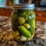 Pot met Super Knapperige Augurken, dille en knoflook, klaar om te fermenteren.