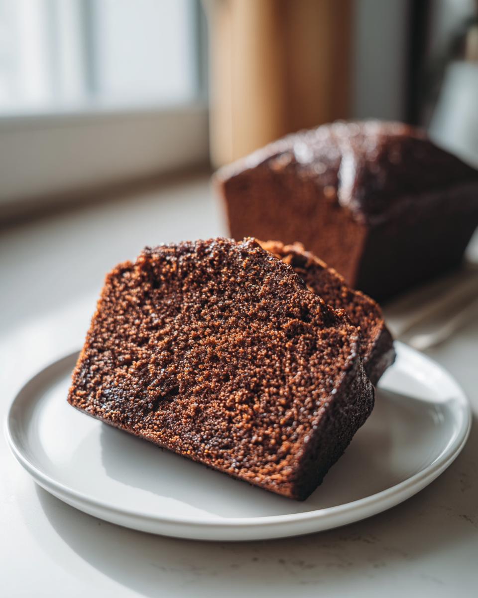 Twee plakken van een super vochtige peperkoek cake op een wit bord, met de hele cake op de achtergrond.