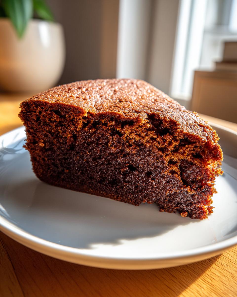 Een heerlijk stuk Super Vochtige Peperkoek Cake op een bord, met een rijke bruine kleur en zachte textuur.
