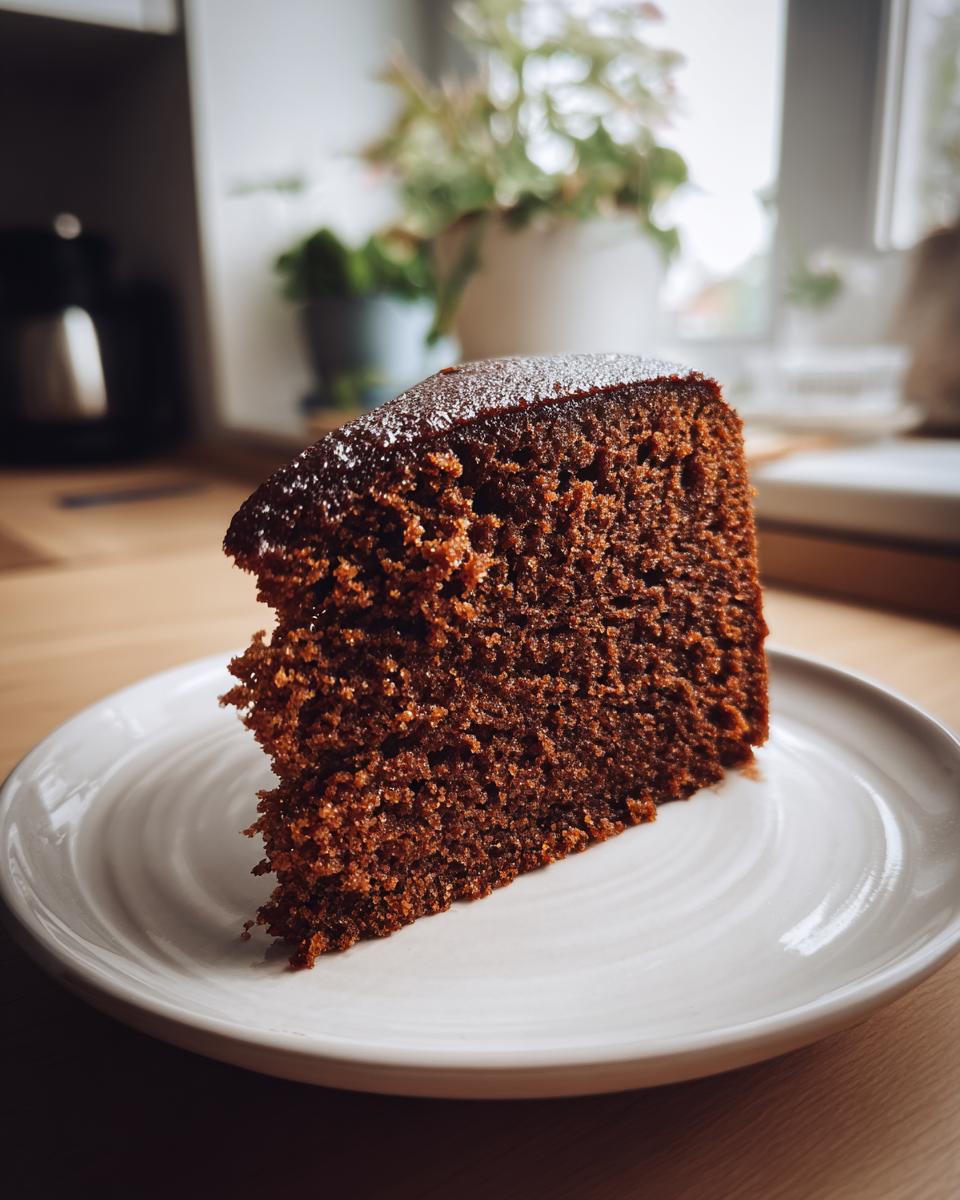 Een stuk Super Vochtige Peperkoek Cake op een wit bord, met een subtiele poedersuiker bestrooiing.