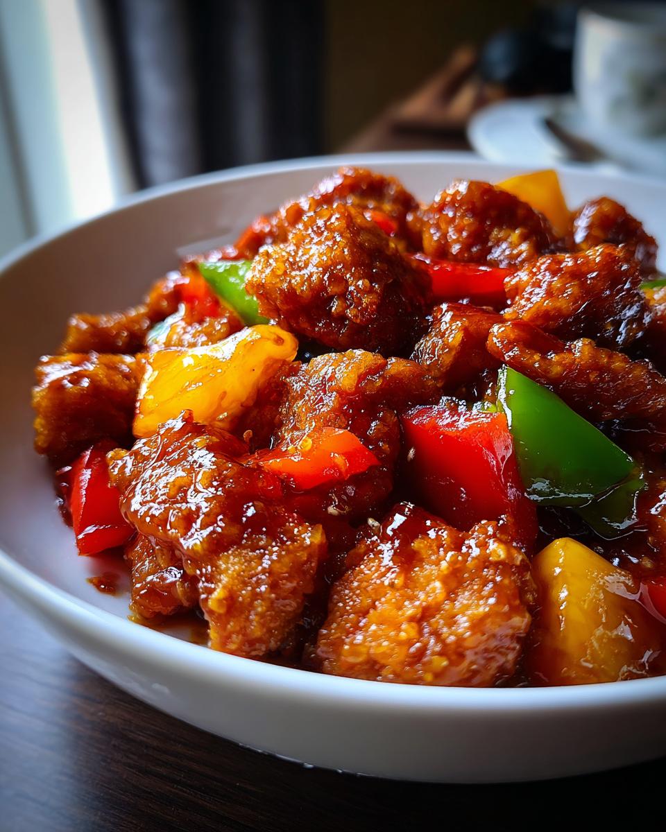 A close-up of a bowl filled with glistening Sweet and Sour Chicken pieces and colorful bell peppers.