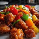 Close-up of crispy Sweet and Sour Chicken pieces coated in sauce with colorful bell peppers and pineapple.