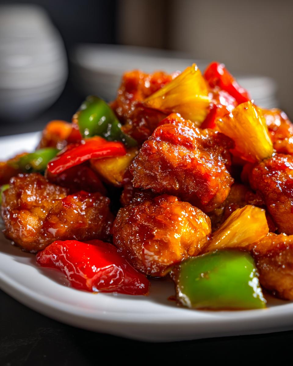 Close-up of glistening Sweet and Sour Chicken pieces with red and green bell peppers and pineapple chunks on a white plate.