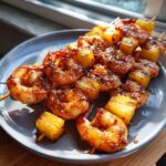 Close-up of grilled sweet and spicy pineapple shrimp skewers on a gray plate, glistening with glaze.