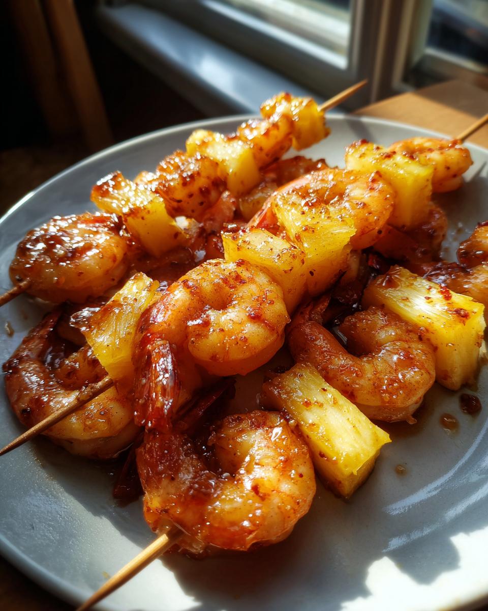 Close-up of sweet and spicy pineapple shrimp skewers glazed with a glossy sauce and sprinkled with red pepper flakes.