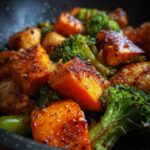 Close-up of a pan-fried dish featuring cubed sweet potato, chicken pieces, and broccoli florets.