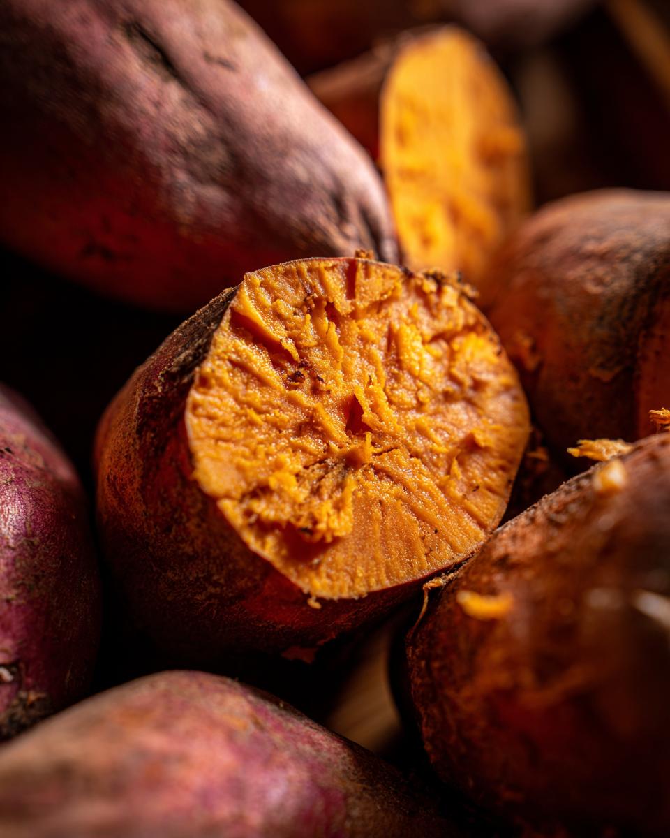 Close-up of a halved sweet potato, revealing its vibrant orange flesh, surrounded by whole sweet potatoes.