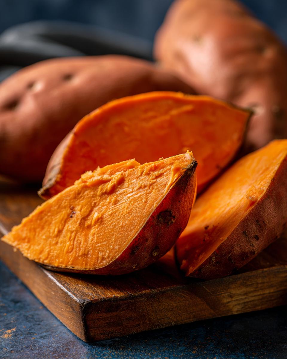 Close-up of vibrant orange sweet potato slices on a wooden cutting board, ready for 10 irresistible sweet potato and chicken recipes.