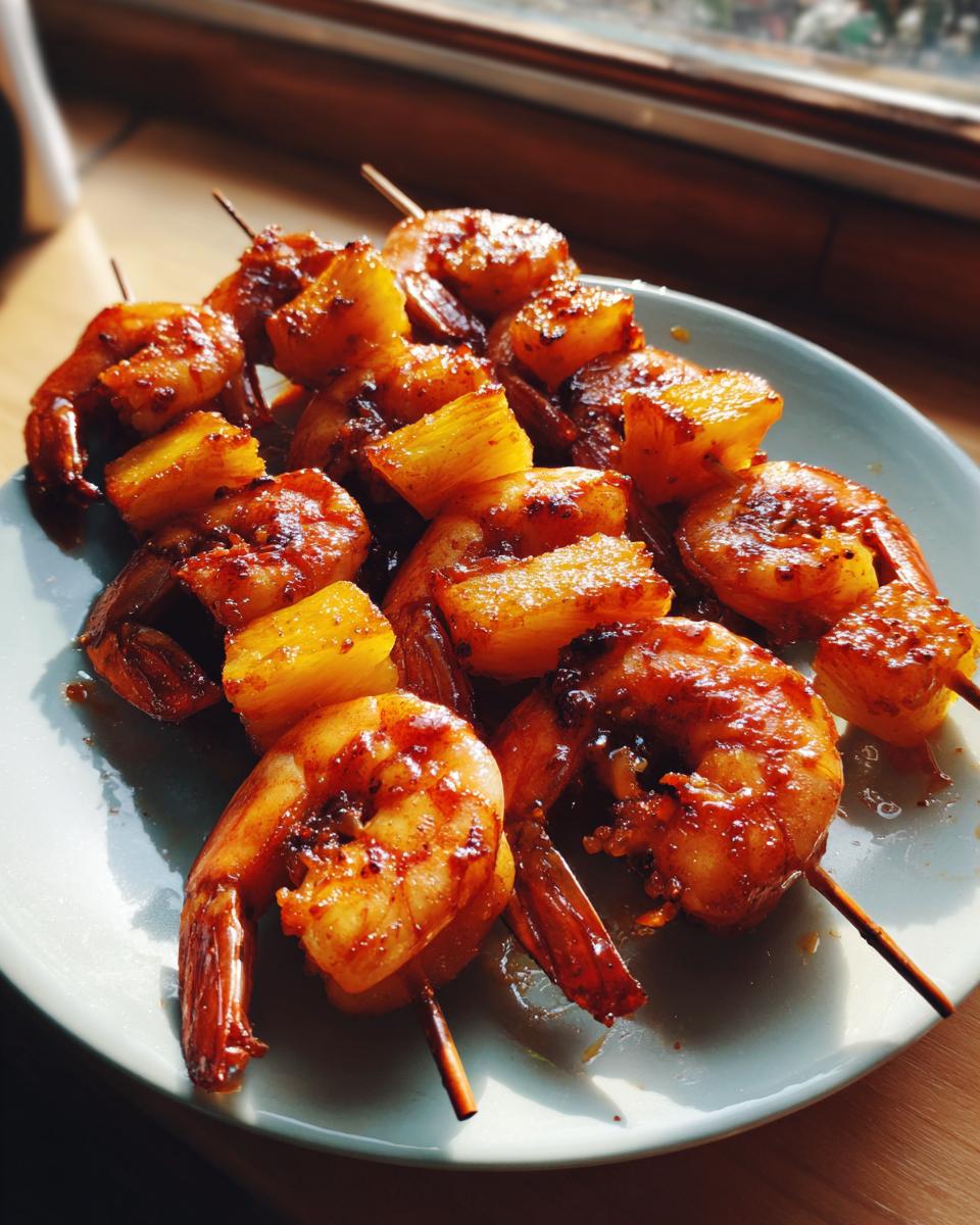 Close-up of Sweet and Spicy Pineapple Shrimp Skewers on a plate, glistening with sauce.