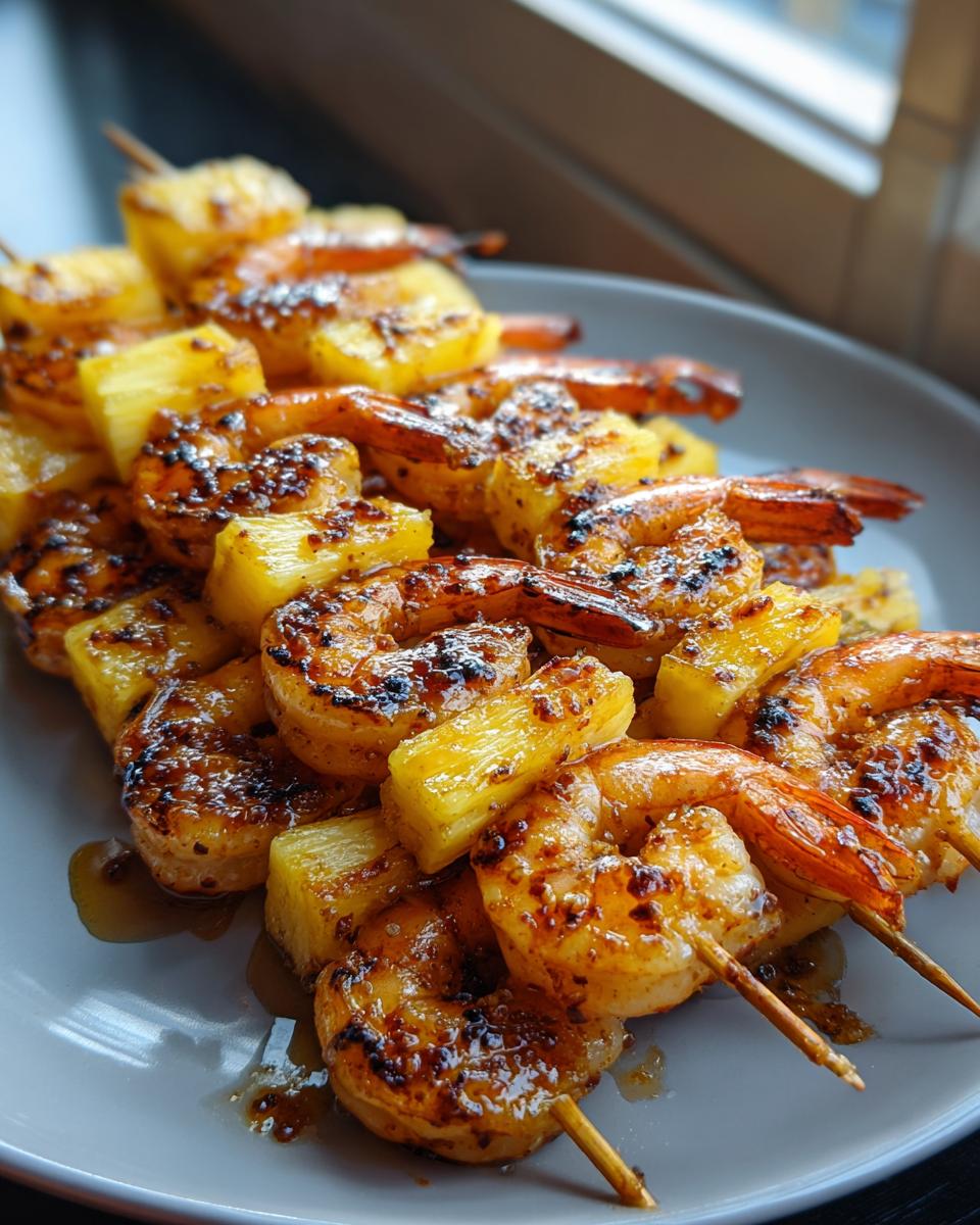 Close-up of grilled sweet and spicy pineapple shrimp skewers on a plate, glistening with sauce.