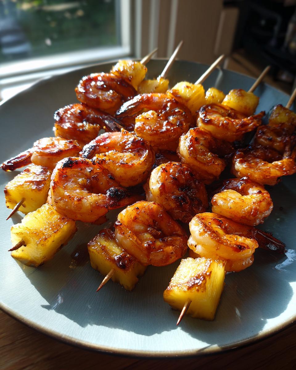 Close-up of grilled sweet and spicy pineapple shrimp skewers on a blue plate, glistening with sauce.