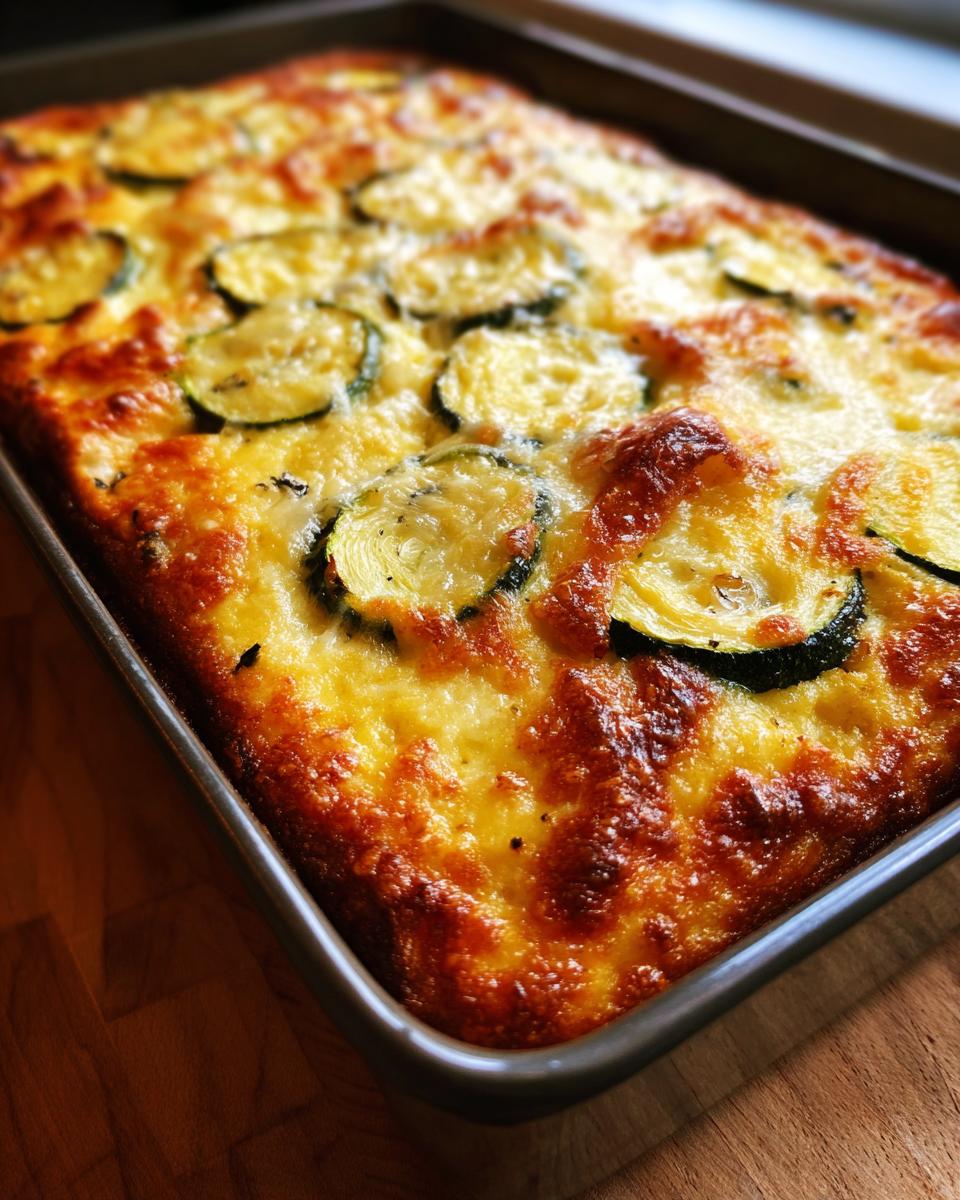 Close-up van een Tasty Mexican Zucchini Casserole, goudbruin gebakken met gesmolten kaas en courgetteschijfjes.