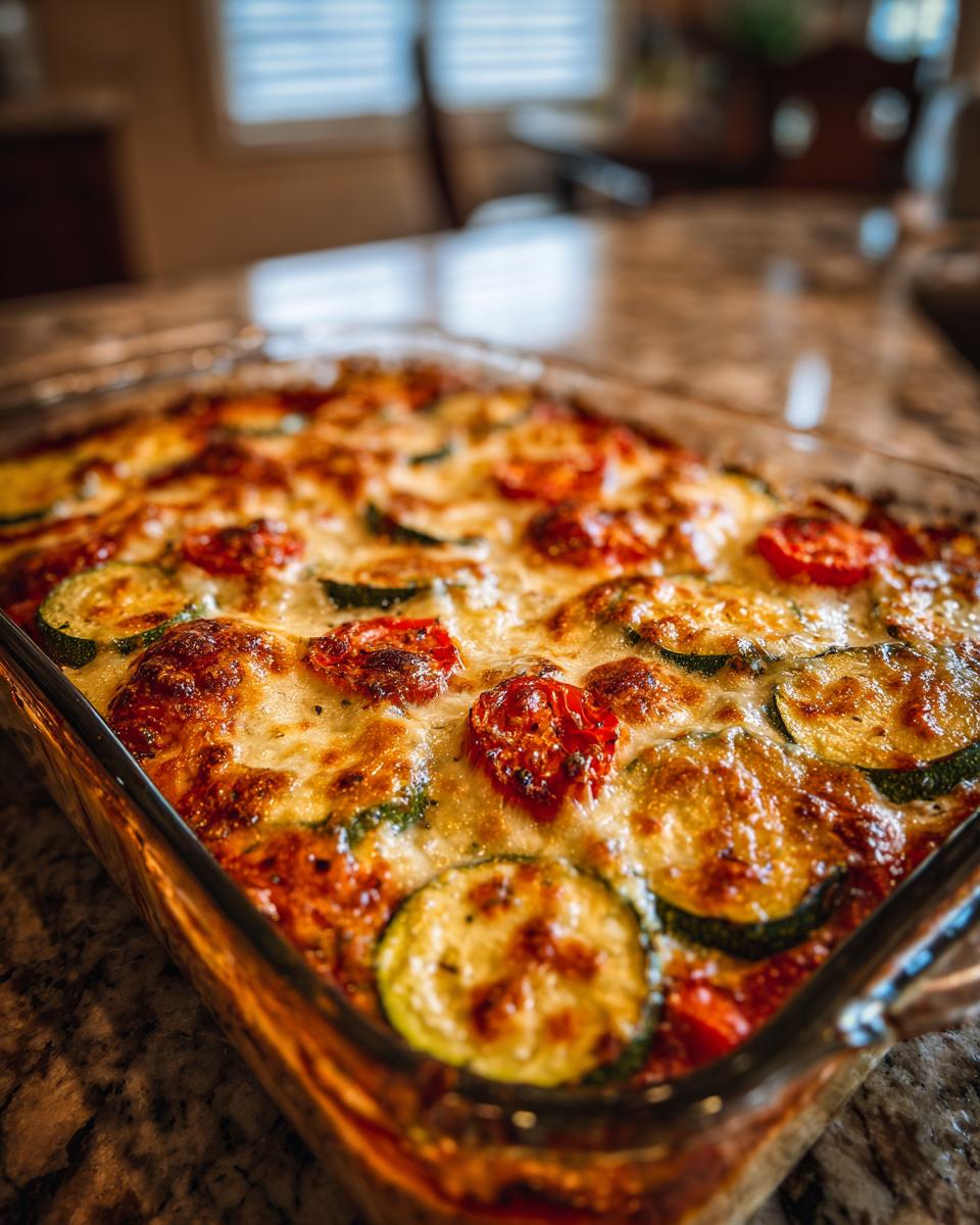 Close-up van een gebakken Mexicaanse courgette schotel met gesmolten kaas en tomaten.
