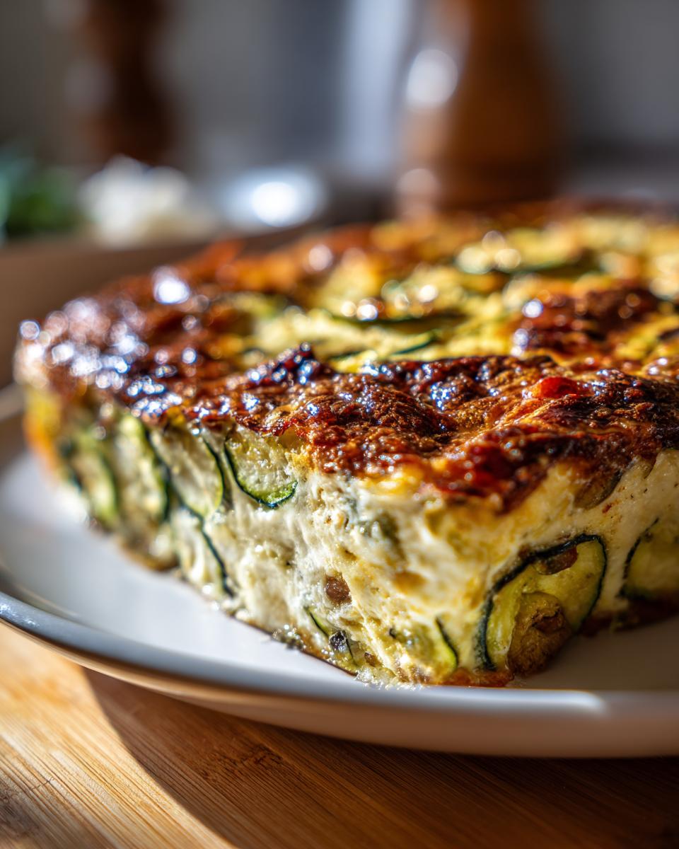 Close-up van een stuk Tasty Mexican Zucchini Casserole op een bord, met courgetteplakjes en een goudbruine bovenkant.