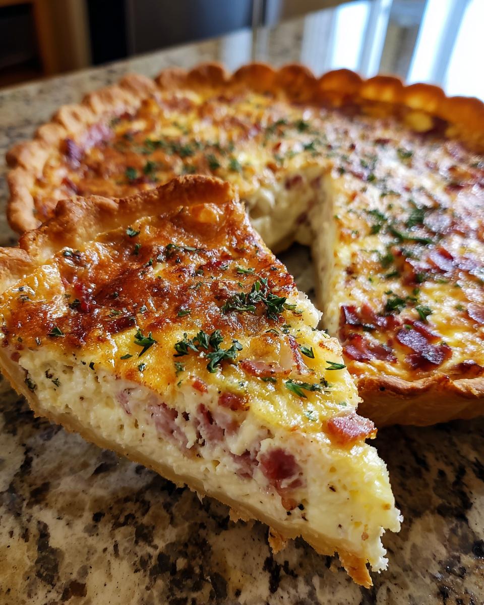 Een close-up van een snede van de beste quiche ooit, met een goudbruine korst en een romige vulling met spek en kruiden.