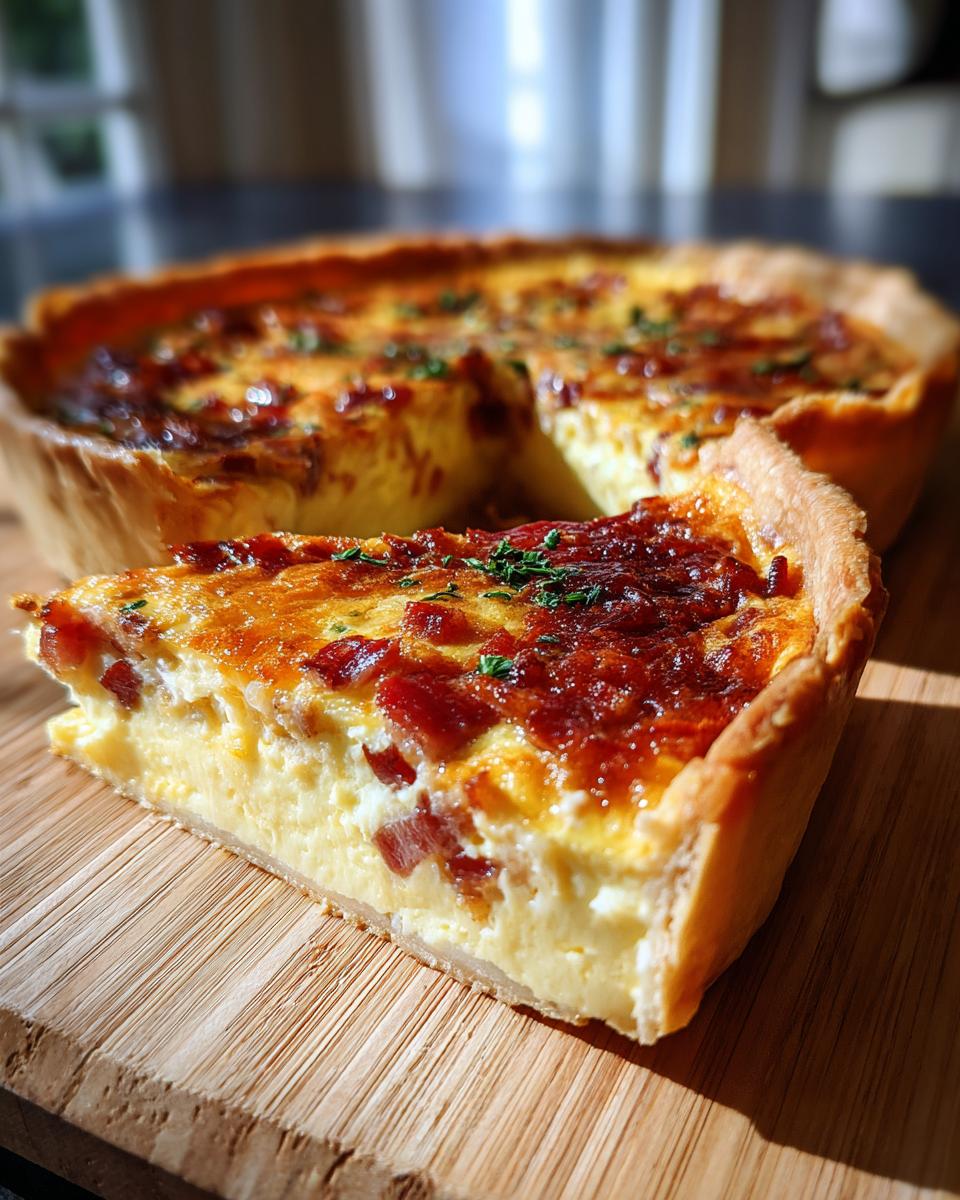 Een heerlijk stuk van The Best Ever Quiche Recipe met spek en kruiden, op een houten plank.