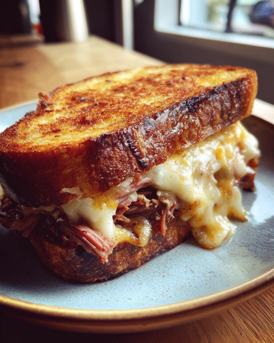 Close-up van een Toasted Brisket Melt sandwich met gesmolten kaas en geroosterd brood op een blauw bord.