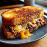 Close-up van een Toasted Brisket Melt sandwich met overvloedig gesmolten kaas en mals vlees.
