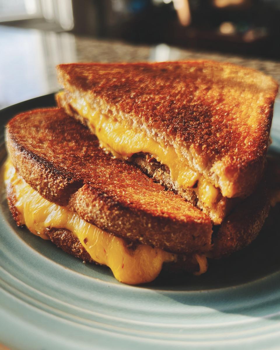 Close-up van twee Toasted Brisket Melts op een blauw bord, met rijkelijk gesmolten kaas die eruit loopt.