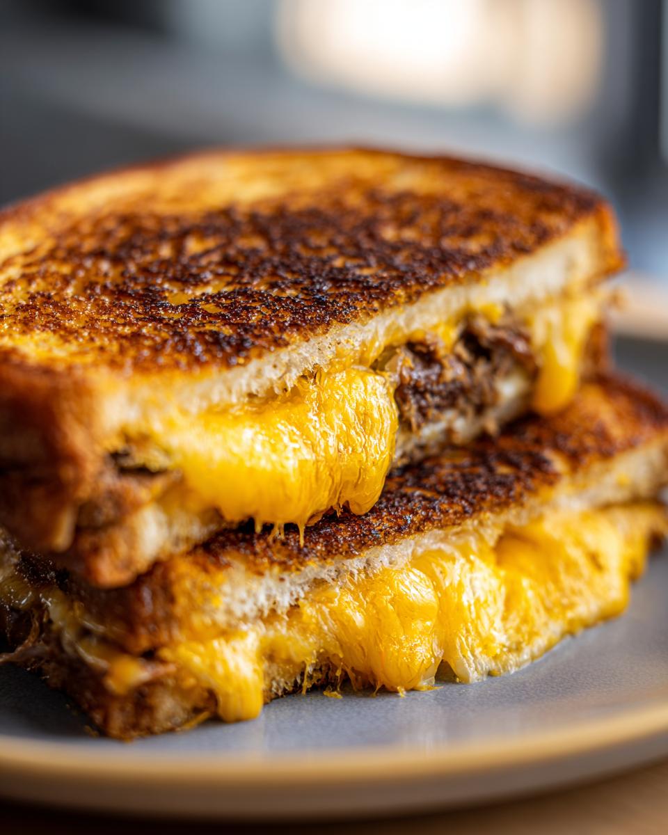 Close-up van twee Toasted Brisket Melts op een bord, met rijkelijk gesmolten kaas die eruit loopt.