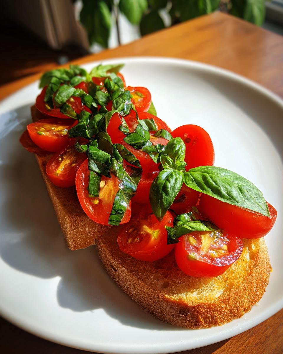 Close-up van Tomato Basil Bruschetta op geroosterd brood, gegarneerd met verse basilicum.